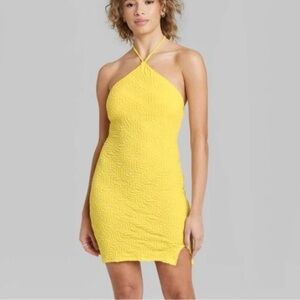 Wild‎ Fable Women Yellow Halter Mini Dress Smocked Bodycon Summer Size Large NEW